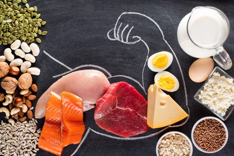 High protein foods including meat, fish, eggs, dairy and legumes arranged on a table