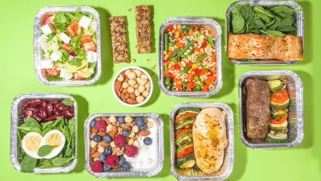 Healthy catering menu, courier food delivery lunch boxes. Beef steak meat, chicken filet , fish and vegetables in packages. Daily meal diet plan delivery , take away containers, online order concept